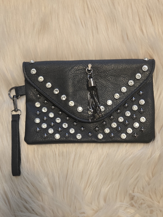 Handbags - Black Studded Vegan Leather Clutch with Tassel - NEW